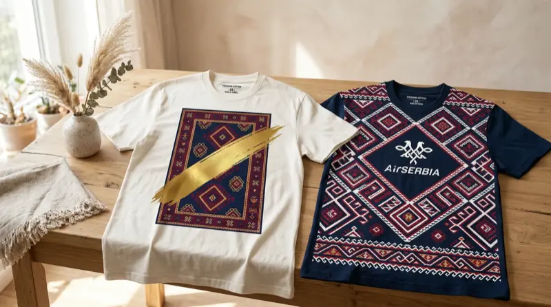 Štampa na majicama — Air Serbia oversized majice sa pirotskim ćilimom